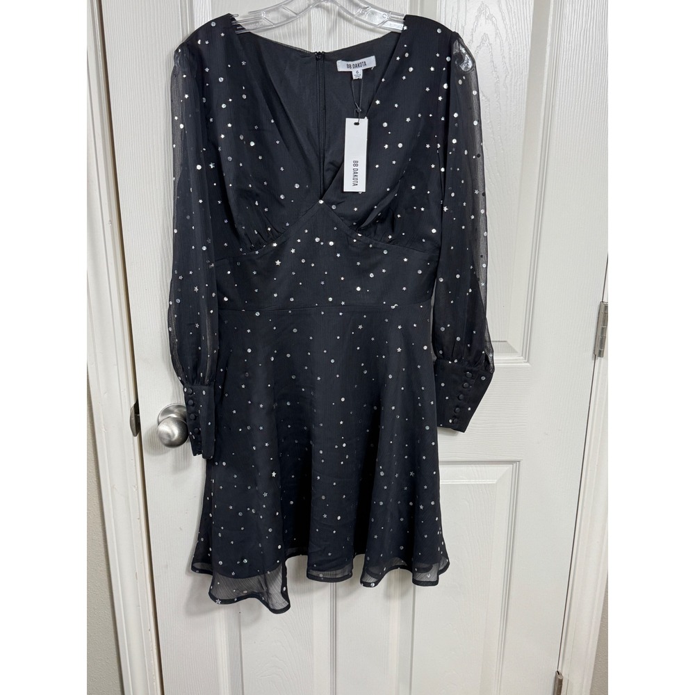 BB Dakota Dress Silver Star Sheer Long Sleeve Black Mini Whimsigoth Fairygoth 6